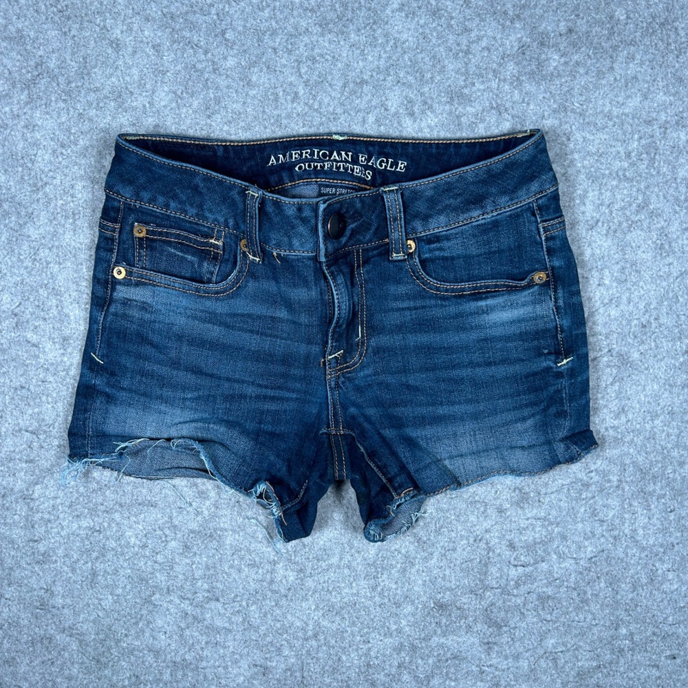 American Eagle Denim Shorts Women 00 Blue Shortie Super Stretch Cut Off Frayed